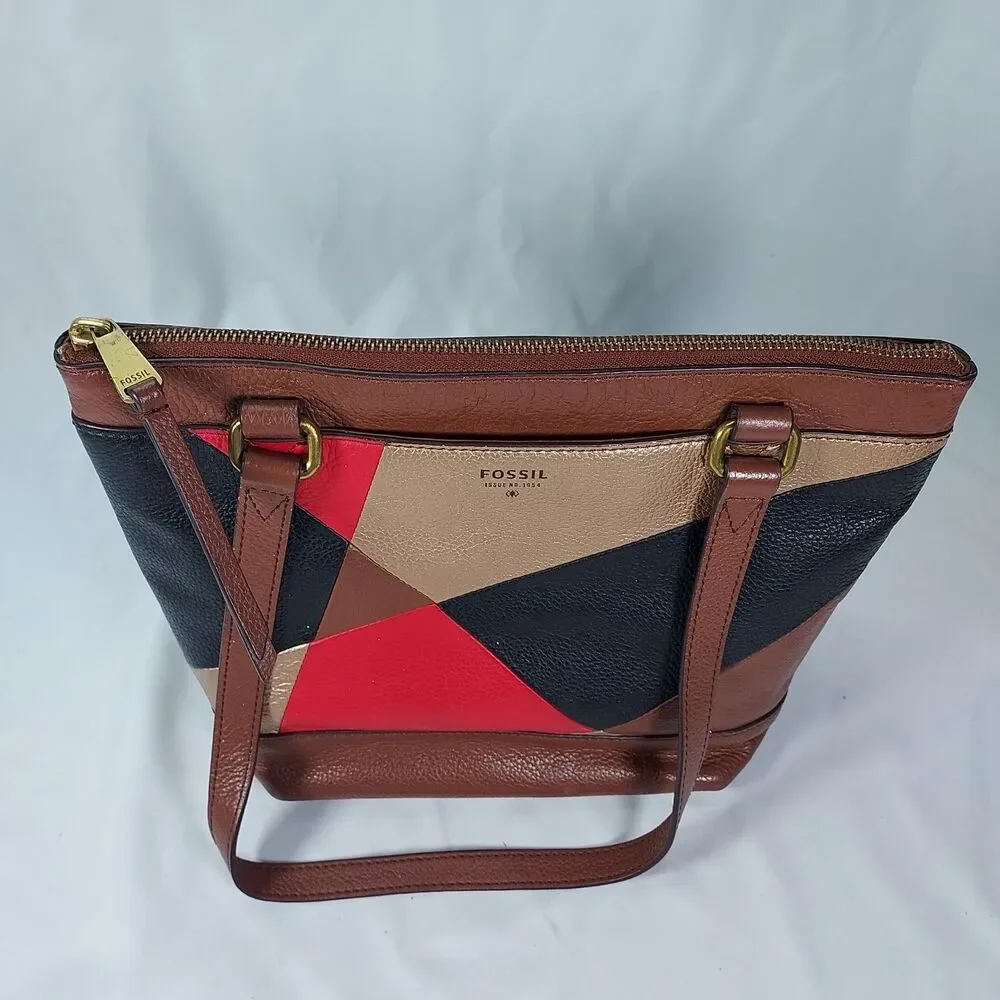 Fossil Issue No 1954 Patchwork Leather Tote Bag Multicolor Brown Shoulder Purse